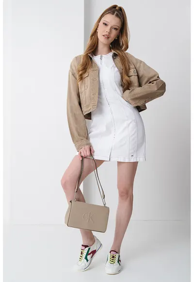 Jacheta crop din denim - Maro camel