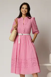 Rochie DY Fashion roz din bumbac cu insertii perforate si curea in talie