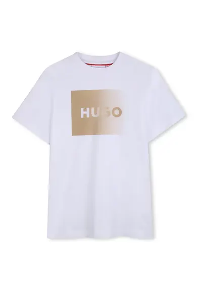 Tricou cu decolteu la baza gatului si imprimeu logo cu aspect in degrade - Maro camel/Alb optic