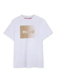 Tricou cu decolteu la baza gatului si imprimeu logo cu aspect in degrade - Maro camel/Alb optic