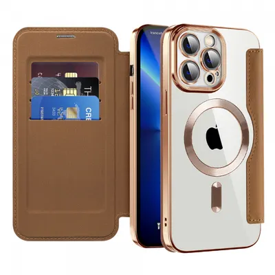 Husa MagSafe pentru Apple iPhone 13 Pro Max, Techsuit, SmartMag Book, Maro