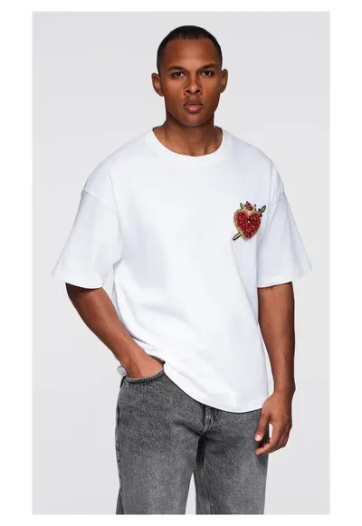 Tricou din bumbac cu aplicatie bijuterie pe piept OM-TSCT-0290 - Alb