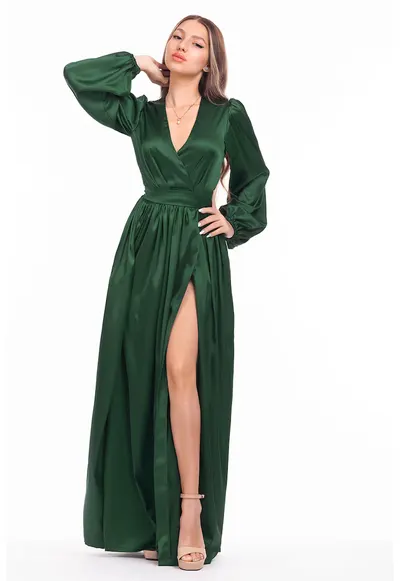 Rochie maxi evazata cu slit si model petrecut - Verde inchis