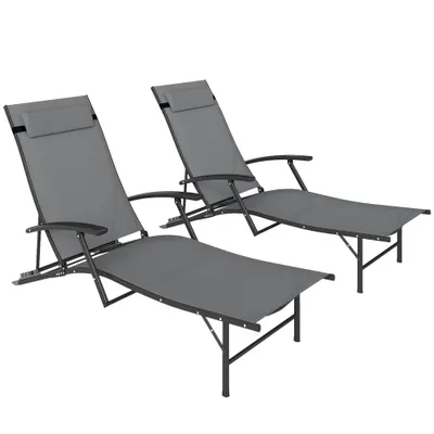 Outsunny Set de 2 Șezlonguri Pliante, Ajustabile în 4 Poziții cu Cotiere și Perne, 64x154x87 cm, Gri | Aosom Romania