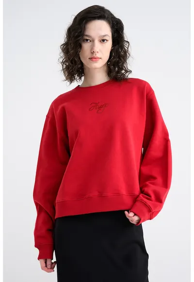 Bluza de trening cu maneci cazute si imprimeu logo Deroxina - Rosu vermillion