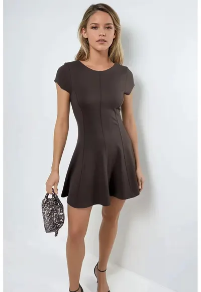 Rochie scurta A-Line - maneca scurta - maro cafea - jerseu
