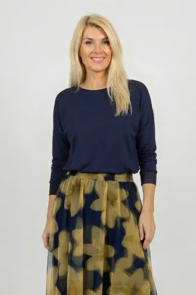 Bluza dama cu maneca fluture si satin la maneci si decolteu, bleumarin