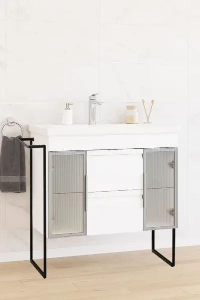 Set Baza front MDF si Lavoar seria 758, cu sertare, cadru metalic, montat, 100 cm, alb