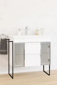 Set Baza front MDF si Lavoar seria 758, cu sertare, cadru metalic, montat, 100 cm, alb