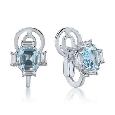 Cercei din aur alb cu acvamarine octogonale de 1.9ct si diamante baguette de 0.3ct