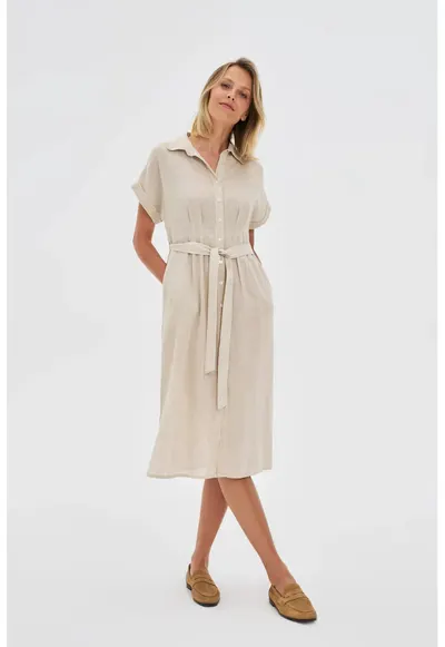 Rochie bej din bumbac si in - Bej