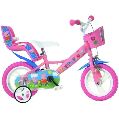 Bicicleta cu pedale, Dino Bikes, Purcelusa Peppa, Cu roti ajutatoare, Cu cosulet frontal, Cu scaunel pentru papusa, 12 inch, Pana la 40 kg, 3 ani+, Multicolor, Resigilat