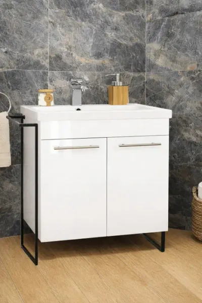 Set Baza front MDF si Lavoar seria 754, cadru metalic, montata, 70 cm, alb
