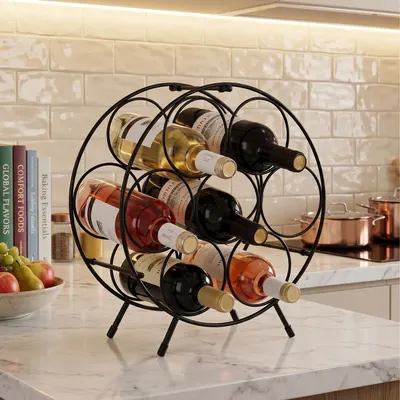 Suport sticle vin metalic rotund, 7 sticle, design modern, 31x18x33 cm