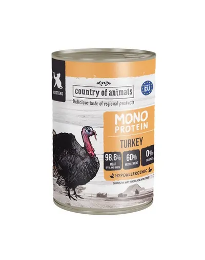 COUNTRY OF ANIMALS hrană umedă monoproteică cu curcan pentru pisoi 400 g