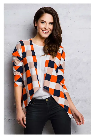 Bolero Lejer - Portocaliu - Imprimeu Carouri - Stil Casual - Confort Zilnic - Purtare Usoara - Aspect Elegant - Versatilitate Maxima - Design Modern - Portocaliu