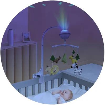 Carusel muzical pentru patut Chipolino Jungle cu proiector, functie bluetooth, volum reglabil, prindere universala, jucarii detasabile