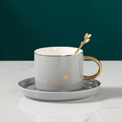 Ceașcă pentru cappuccino și ceai Morello - Happiness, cu farfurioară și linguriță 200 ml, Gri