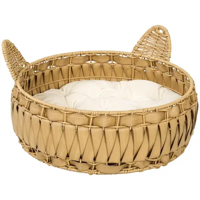 PawHut Pat pentru pisici din rattan cu pernă detașabilă, coș pentru pisici până la 10 kg, 50 x 50 x 25 cm, Maro deschis | Aosom Romania