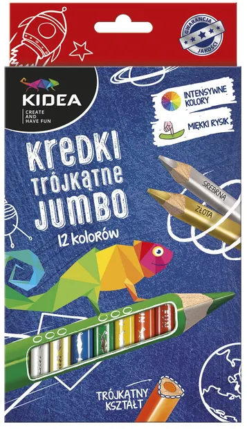 Creioane colorate triunghiulare Kidea Jumbo 12 culori + auriu si argintiu