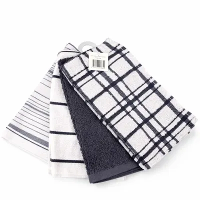 Set 4 prosoape mici pt Bucatarie, 30x55cm, din 100% bumbac pakistanez, 350g, Line, Alb-Bleumarin