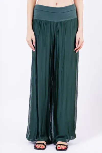 Pantaloni verde inchis din matase si vascoza,, tip salvari