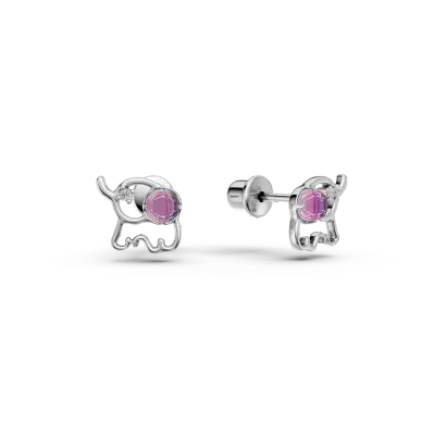 Cercei elefant din aur alb cu diamante si ametiste de 0.1ct pentru copii