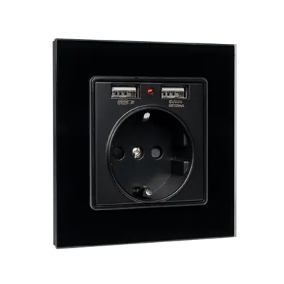German Type Socket 16a With 2xusb Glass Frame Bl
