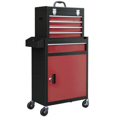 HOMCOM Dulap Rulant pe Roți pentru Scule, cu 5 Sertare și Dulap, Comodă Portabilă pentru Scule, Dulap cu Role, 60x28x102 cm, Roșu | Aosom Romania