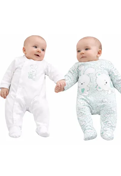 Set 2 salopete lungi bebe iDO din bumbac cu imprimeu Alb Verde