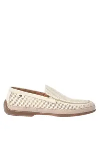 Pantofi loafer de piele nabuc cu perforatii - Alb murdar