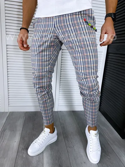 Pantaloni barbati casual regular fir gri in carouri B4960 S1-2