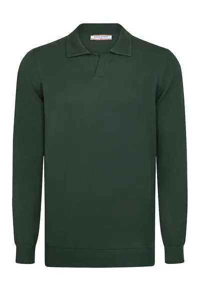 Pulover tricotat cu guler polo - Verde inchis