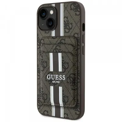 Husa MagSafe pentru Apple iPhone 15, Guess, Cardslot 4G Stripes, Maro