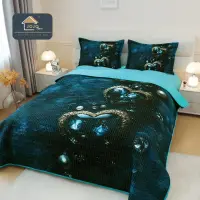 Cuvertura Matlasata, Bumbac Finet, cu Imprimeu 5D, 220x240cm + 2 fete de perna 50x70cm, Turquoise Marin, Heart of Ocean