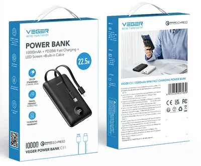 Power Bank En-gros VEGER C11 – 10000mAh, Cabluri Integrate Type-C + Lightning, 22.5W Fast Charge