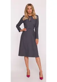 Rochie midi - S413 Gri decolteu semicircular - maneci lungi - crapaturi laterale - fonduri decorative - Poliester - Trapezoidala - Gri