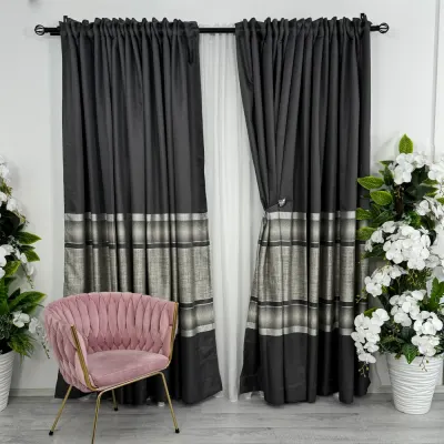 Set 2 Draperii Lines, Satinata, Texturata, Antracit cu Argintiu, 140cm latime x 260cm inaltime, cu tiv lat pt bara