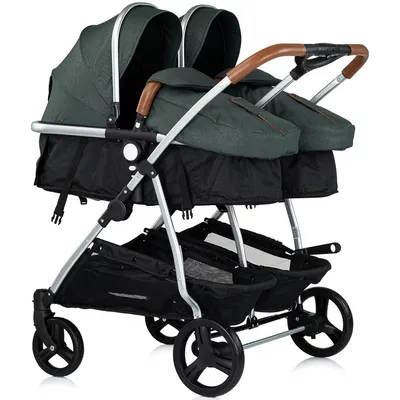 Carucior gemeni Chipolino Duo Smart 3 in 1 basil, Cadru aluminiu, pliere compacta, Suspensii si frana, Spartar reglabil, accesorii incluse