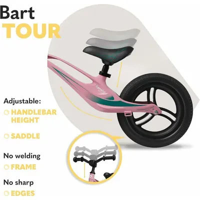 Bicicleta copii fara pedale Lionelo Bart Tour Pink Bubblegum 12 inch, usoara, ghidon reglabil, scaun reglabil de la 36-43 cm, cadru magneziu, proprietati de amortizare, roti spuma PU, maner de transport, de la 2 ani