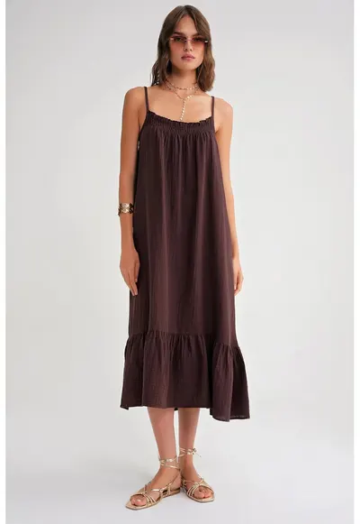 Rochie midi HiCCUP din muselina - maro - textil