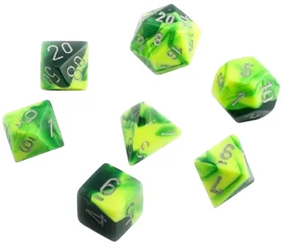 Set de zaruri Chessex Gemini Green-Yellow/Silver Polyhedral (7 buc.)