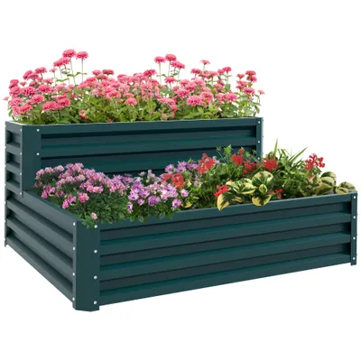 Outsunny Pat de flori înălțat fond deschis 2 etaje pentru plante aromatice legume fructe flori 120 x 101 x 58 cm verde | Aosom Romania