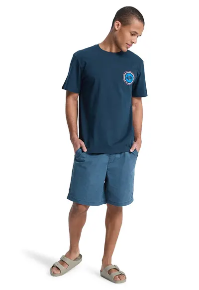Tricou cu imprimeu si decolteu la baza gatului - Albastru petrol