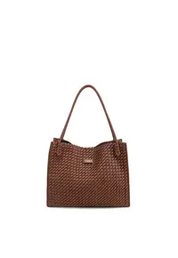 Geanta de piele ecologica cu bareta si aspect tesut Silvana Elite - Caramel