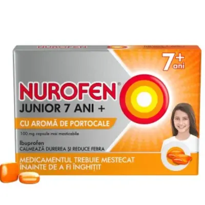 Nurofen Junior 100 mg cu portocale 7 ani+, Reckitt Benckiser | 12 capsule masticabile