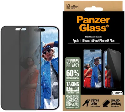 Protector de sticlă PanzerGlass - Privacy UWF, iPhone 16 Plus/15 Plus
