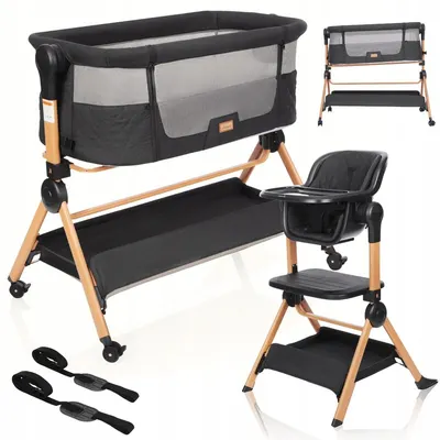 Patut transformabil in scaun de masa, Primabobo, Vera, Multifunctional, 3 trepte de inaltime, Sarcina maxima 9 kg - pat, 15 kg - scaun de masa, Saltea inclusa, Negru