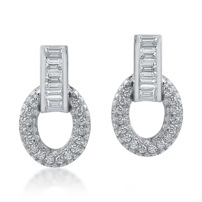 Cercei geometrici din aur alb cu diamante baguette si rotunde de 0.87ct