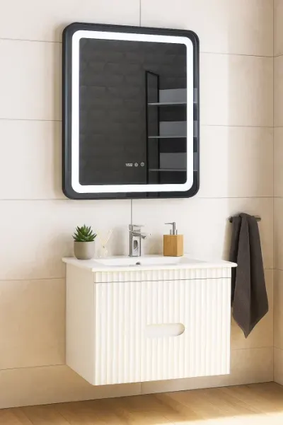 Set Baza front MDF cu Lavoar si Oglinda cu iluminare LED, seria 009, suspendata, cu sertare, 70 cm, alb